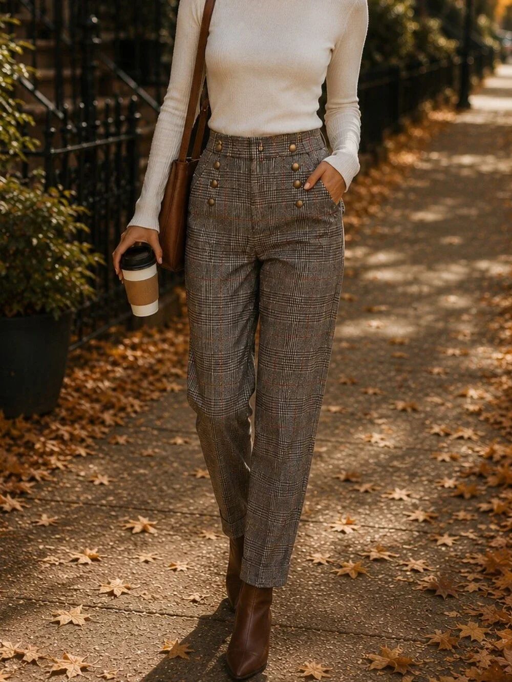 SHEIN Gray Plaid Sailor-Button Chinos with Brown Accents